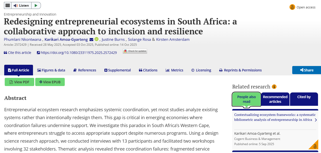 Redesigning entrepreneurial ecosystems in South Africa: a collaborative approach to inclusion and resilience