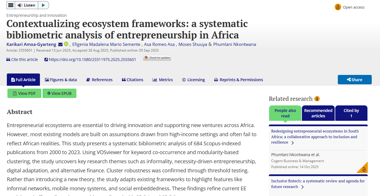Contextualizing ecosystem frameworks: a systematic bibliometric analysis of entrepreneurship in Africa